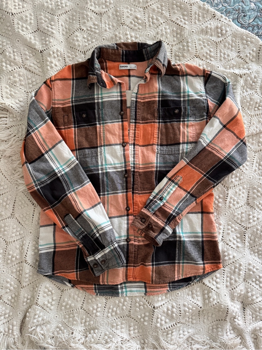 Sonoma Orange Brown Plaid Button-Down Shirt